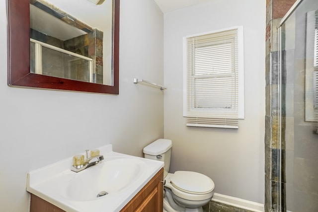 bathroom with vanity, an enclosed shower, and toilet