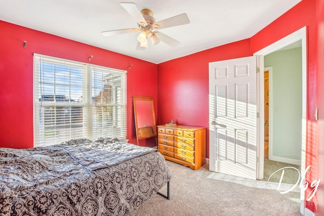 bedroom with light colored carpet and ceiling fan