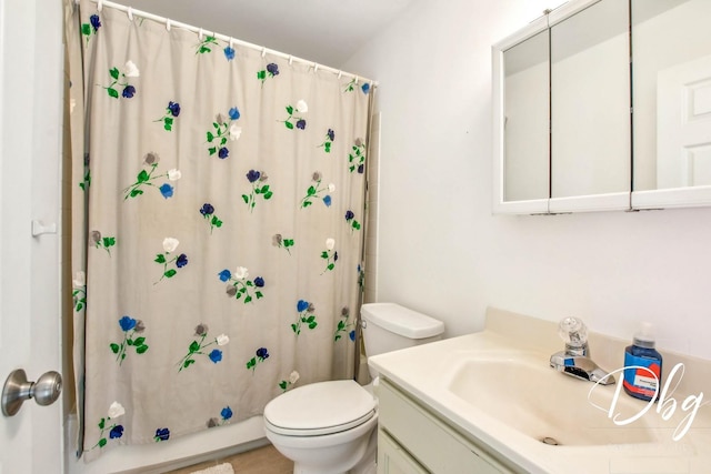 bathroom featuring vanity, toilet, and walk in shower