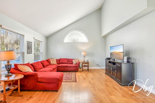 living room featuring light wood-type flooring and high vaulted ceiling