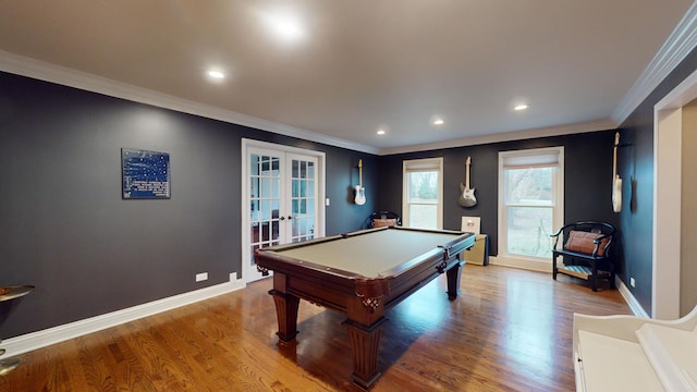 recreation room with french doors, ornamental molding, wood-type flooring, and billiards