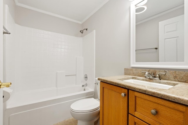 full bathroom with vanity, crown molding, washtub / shower combination, and toilet