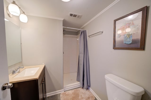 bathroom with curtained shower, toilet, vanity, and ornamental molding