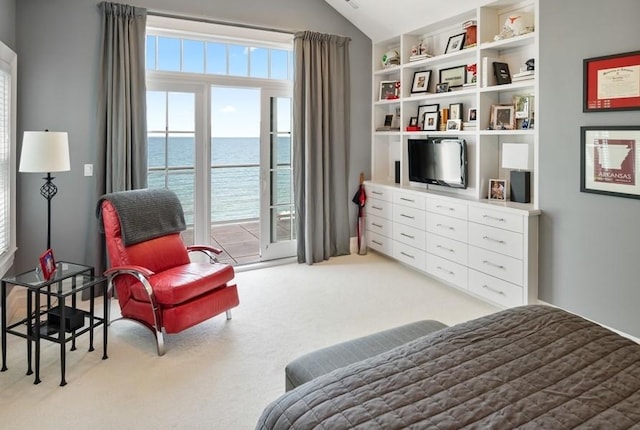 bedroom featuring vaulted ceiling, access to exterior, light carpet, and multiple windows