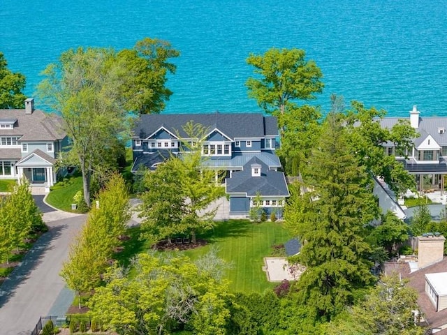 aerial view featuring a water view