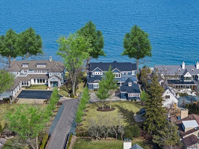 drone / aerial view featuring a water view