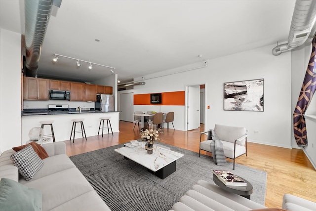 living room featuring light hardwood / wood-style floors and sink