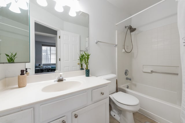 full bathroom with tile patterned flooring, shower / bath combo, vanity, and toilet