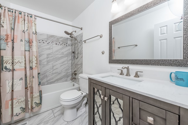 full bathroom featuring vanity, shower / bath combo, and toilet