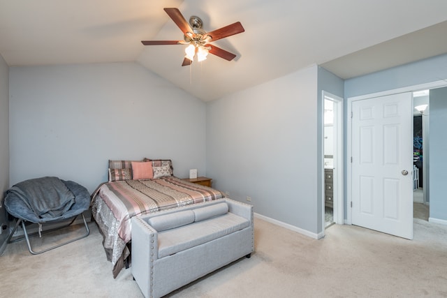 bedroom with ceiling fan, light carpet, and lofted ceiling