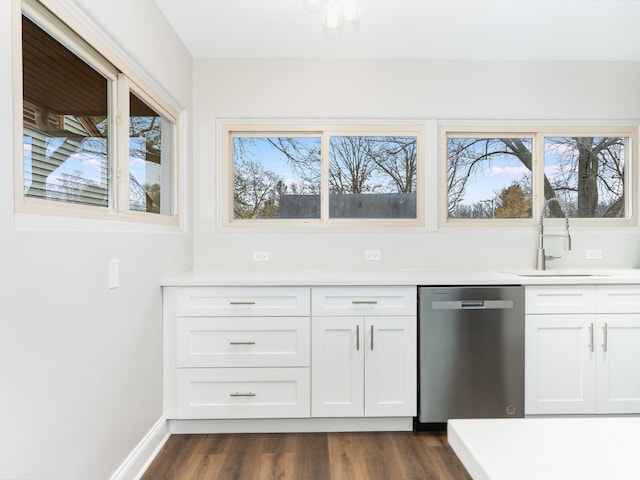 kitchen with stainless steel dishwasher, dark hardwood / wood-style floors, white cabinetry, and sink