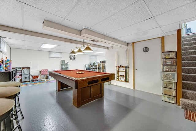 game room with a paneled ceiling and billiards