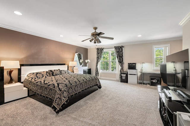 bedroom with ceiling fan, light colored carpet, and ornamental molding