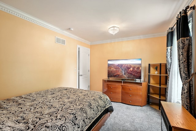 carpeted bedroom featuring ornamental molding