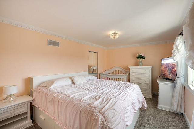 bedroom featuring carpet floors and ornamental molding