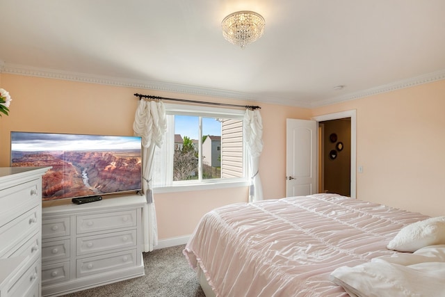 bedroom with light carpet and crown molding