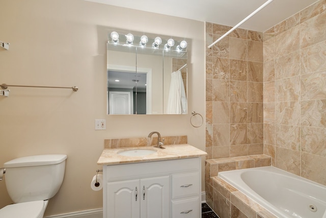 full bathroom featuring vanity, shower / tub combo, and toilet