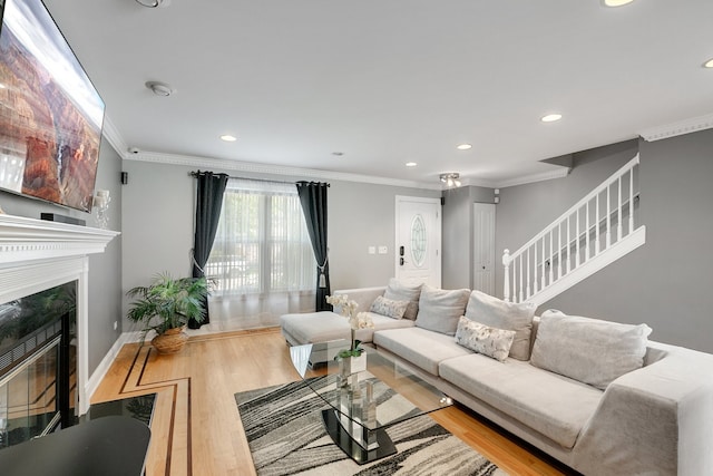 living room featuring wood-type flooring and ornamental molding