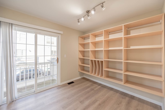 empty room with track lighting and hardwood / wood-style flooring