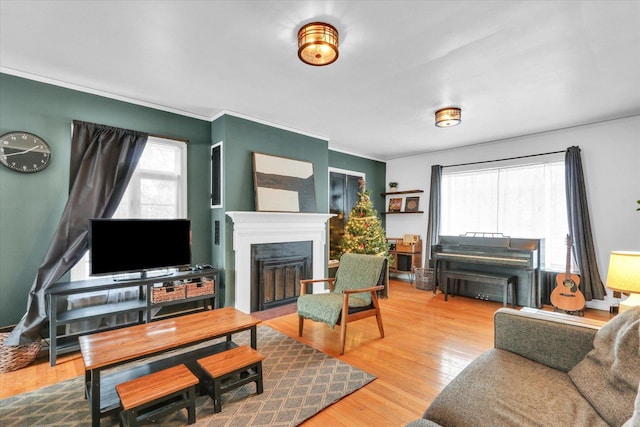 living room with wood-type flooring, plenty of natural light, and crown molding