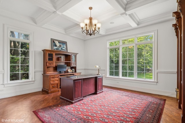 office area with beam ceiling, an inviting chandelier, wood finished floors, and a healthy amount of sunlight