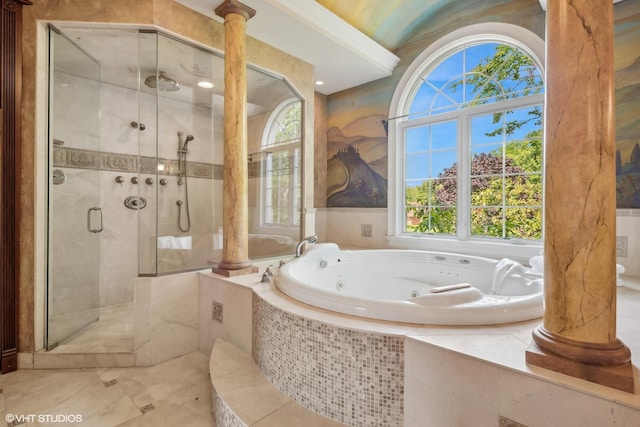 bathroom featuring a shower stall and a whirlpool tub