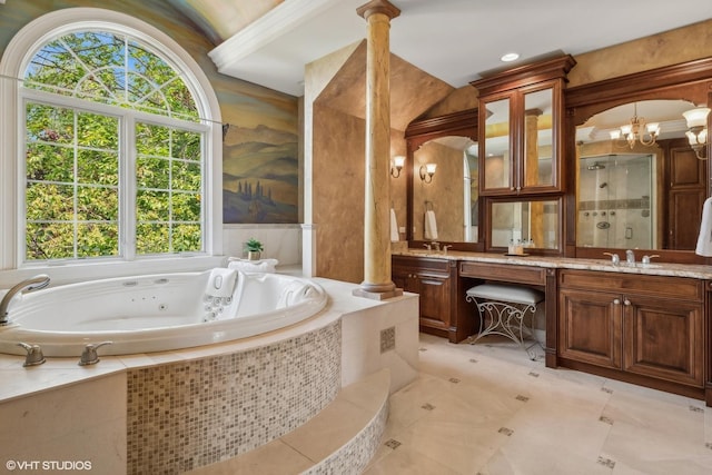 full bathroom with double vanity, a tub with jets, a walk in shower, and a sink