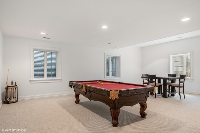 game room with light carpet, recessed lighting, billiards, and baseboards