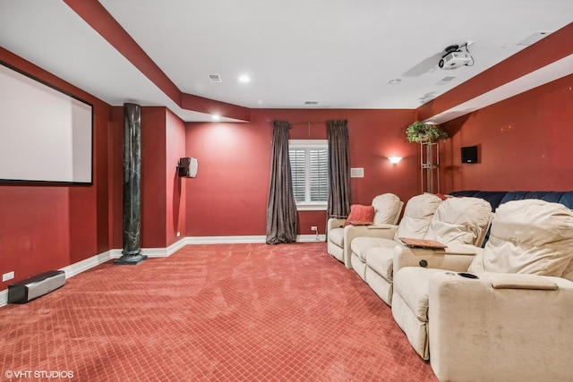 cinema room featuring recessed lighting, visible vents, baseboards, and carpet