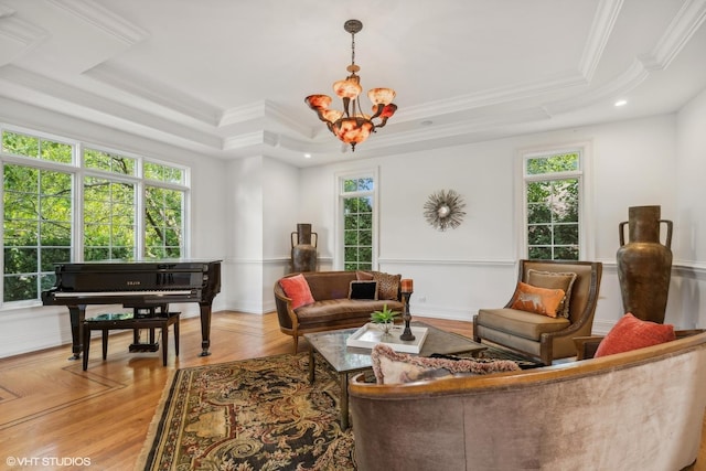 living room with a healthy amount of sunlight and a tray ceiling