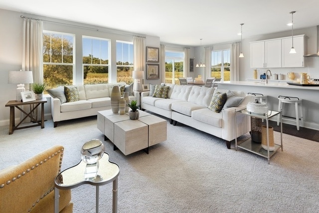 carpeted living room with sink