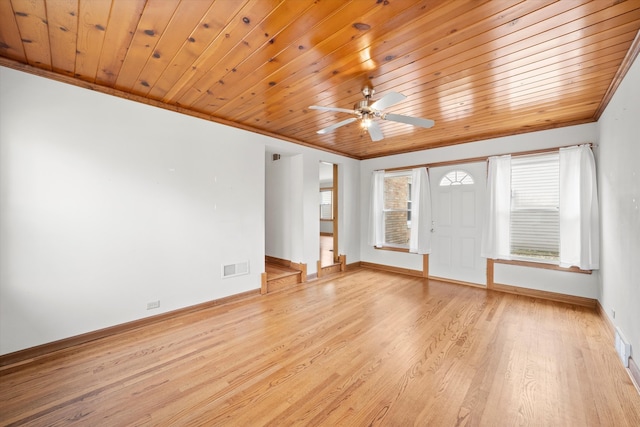 unfurnished living room with ceiling fan, light wood-type flooring, wood ceiling, and crown molding