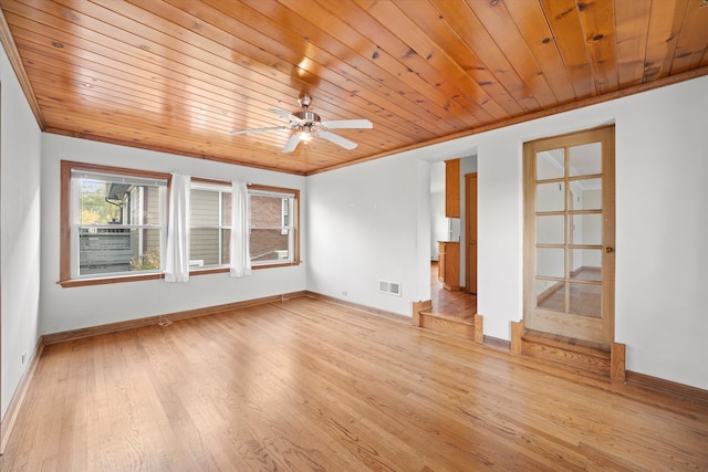 empty room featuring ceiling fan, light wood-type flooring, ornamental molding, and wood ceiling