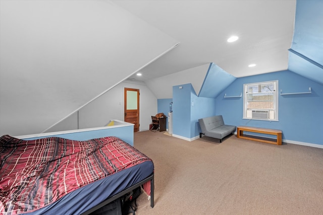 bedroom with carpet flooring, cooling unit, and lofted ceiling