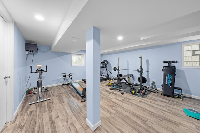 exercise room with light wood-type flooring and a wealth of natural light