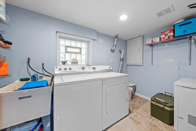 laundry area featuring washing machine and dryer and sink