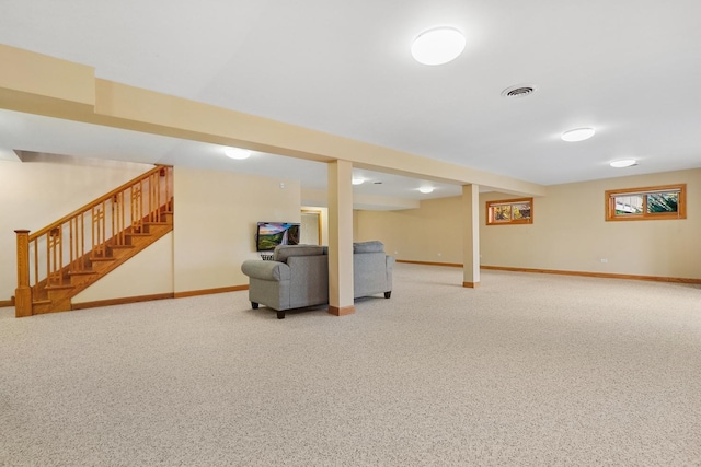 basement featuring carpet flooring