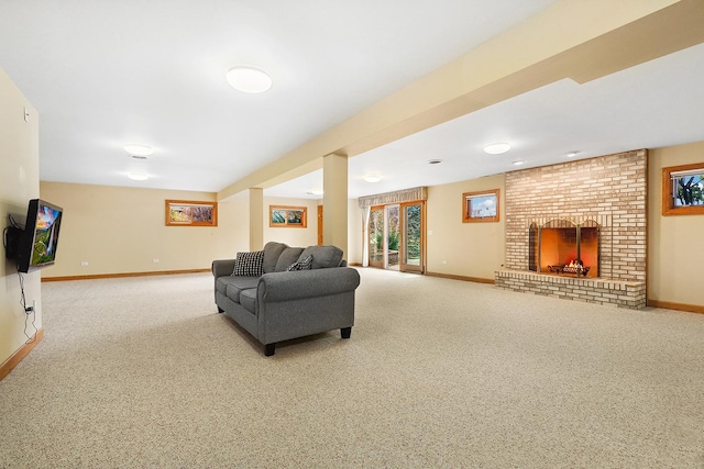 carpeted living room featuring a fireplace