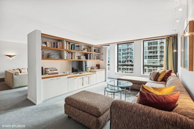 living room with built in desk and light carpet