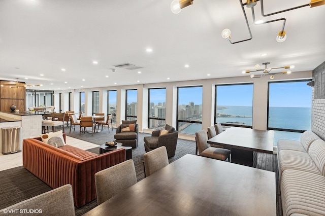 dining room with a water view