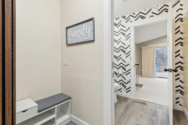 mudroom featuring wood-type flooring and vaulted ceiling