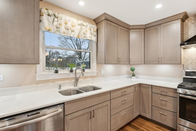 kitchen featuring sink, wall chimney range hood, stainless steel appliances, and wood-type flooring