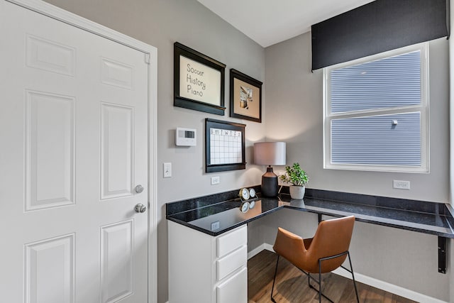 home office featuring hardwood / wood-style flooring and built in desk