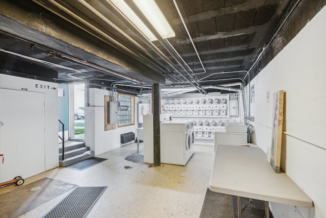 basement featuring washer and dryer and electric panel