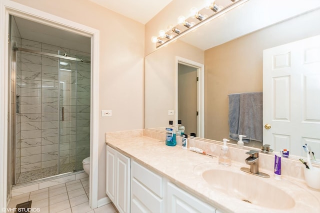 bathroom with tile patterned flooring, vanity, an enclosed shower, and toilet