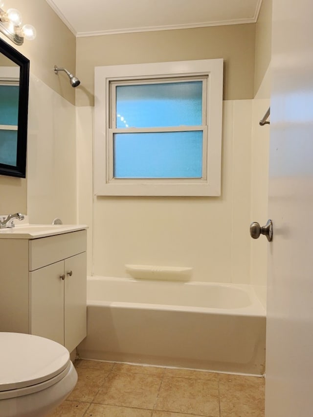 full bathroom with vanity, shower / bath combination, toilet, and crown molding