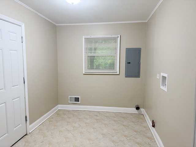 laundry area featuring washer hookup, crown molding, and electric panel