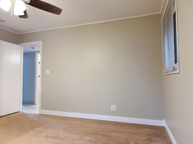 unfurnished room featuring carpet, ceiling fan, and crown molding