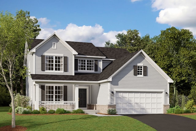 view of front of property with a garage, covered porch, and a front yard