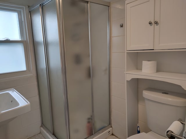 bathroom with sink, toilet, and walk in shower